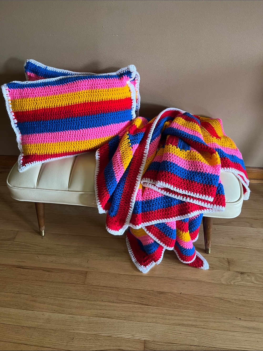 Handmade Striped Crochet Throw Blanket and 2 Pillow Set - Multicolor